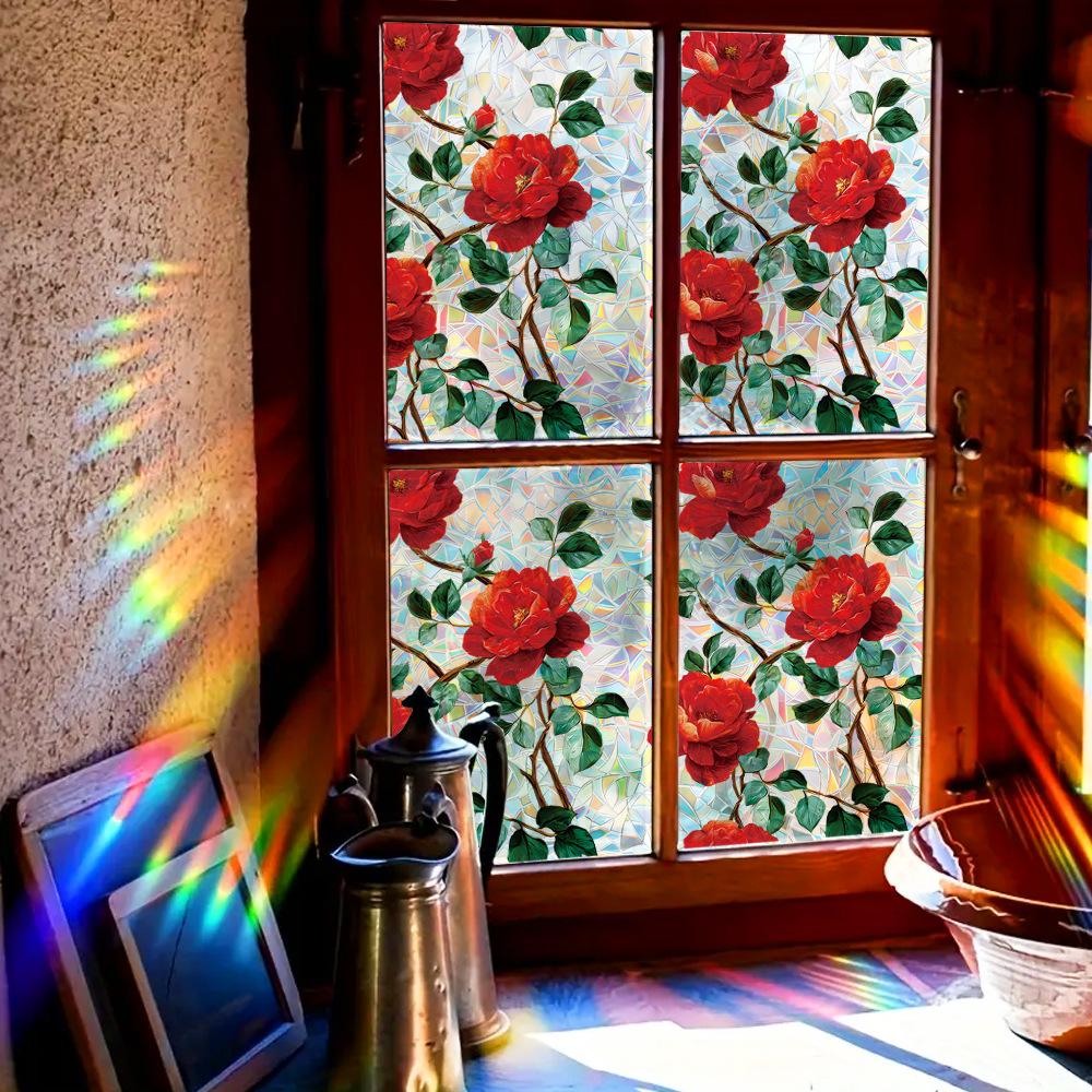Декоративные статические наклейки с ярким узором роз, напечатанные лазером, для домашних стеклянных дверей и окон