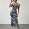 Sexy Strapless Floral Print Sheer Midi Dress Side Slit Bodycon Party Dress Summer Dress for Women Evening Party Outfit