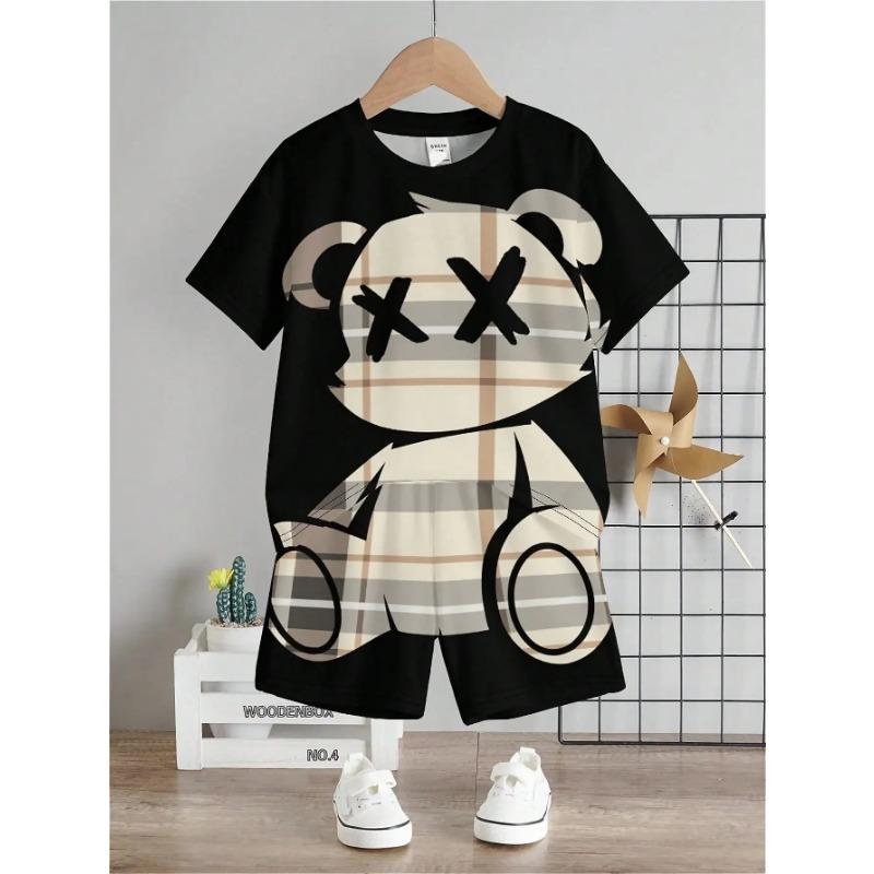 Superhero & Young Boy Casual Cartoon Patterned Short Sleeve Round Neck Top And Shorts Set, Suitable For Summer