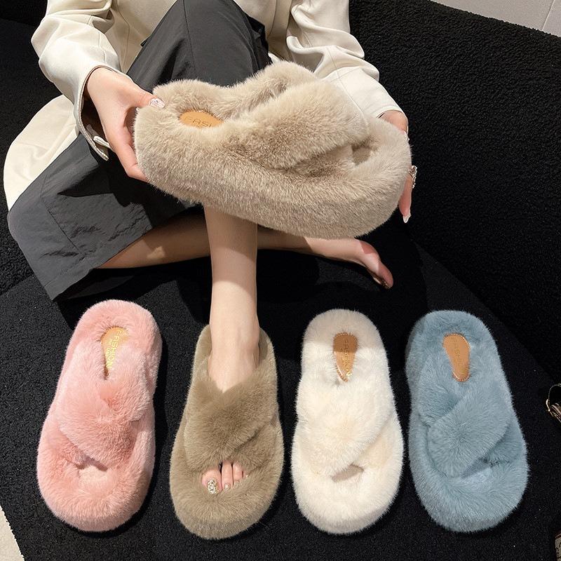 Fashion Woman Furry Ladies Faux Fur Luxury Fluffy Plush Slipper House Fuzzy Girl Platform 7CM Indoor Sandals Winter High-heeled Shoes