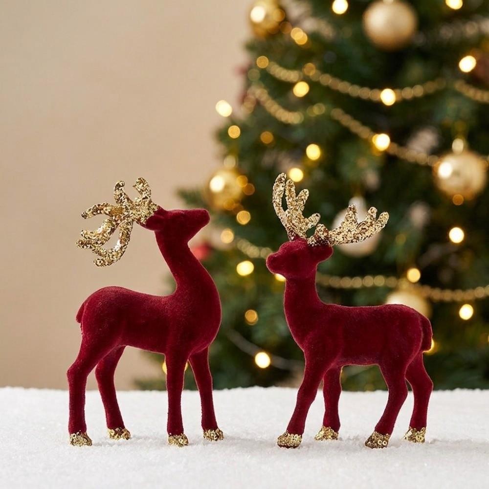 Simulation Christmas Red Deer Figurines Elegant Reindeer Ornaments Elk Glitter Deer Decor Table