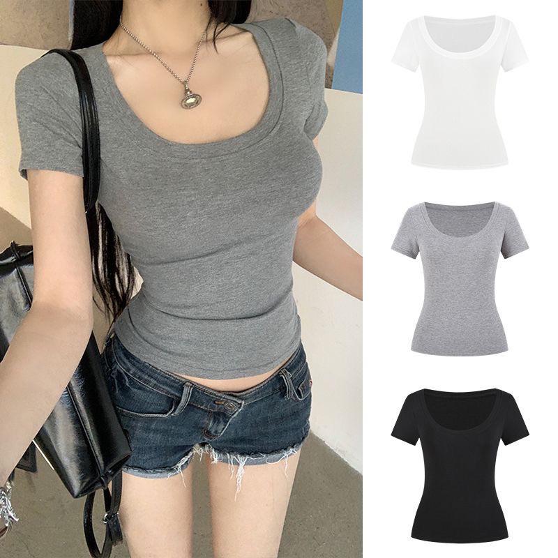 Женская летняя футболка 2025 года из чистого хлопка, приталенная, с коротким рукавом и U-образным вырезом
