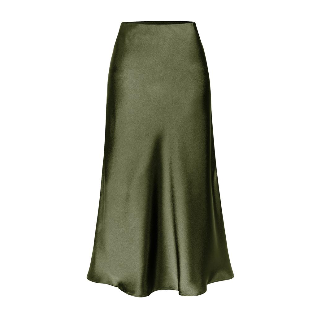 Womens Satin Silk High Waist Slit Midi Skirt Elastic Waistband Midi Skirts for Women