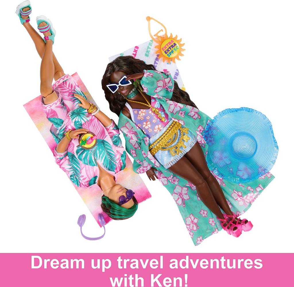 Barbie Extra Fly Doll with Travel Clothes Tropical Coverup with Oversized Hat Bag Beach-Themed & Accessories, &