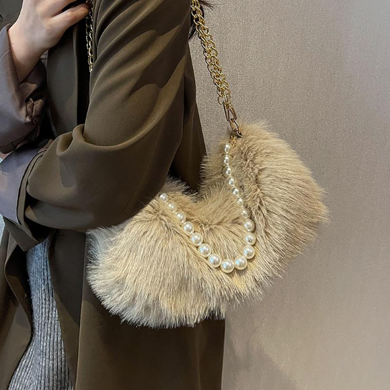 Autumn Winter Cute Plush Bag New Women's Popular Pearl Chains Crossbody Solid Color Fashion Single Shoulder Fur Pack Korean