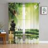 Zen Stone Green Bamboo Forest Water Chiffon Sheer Curtains for Living Room Bedroom Decoration Window Voiles Tulle Curtain Drapes