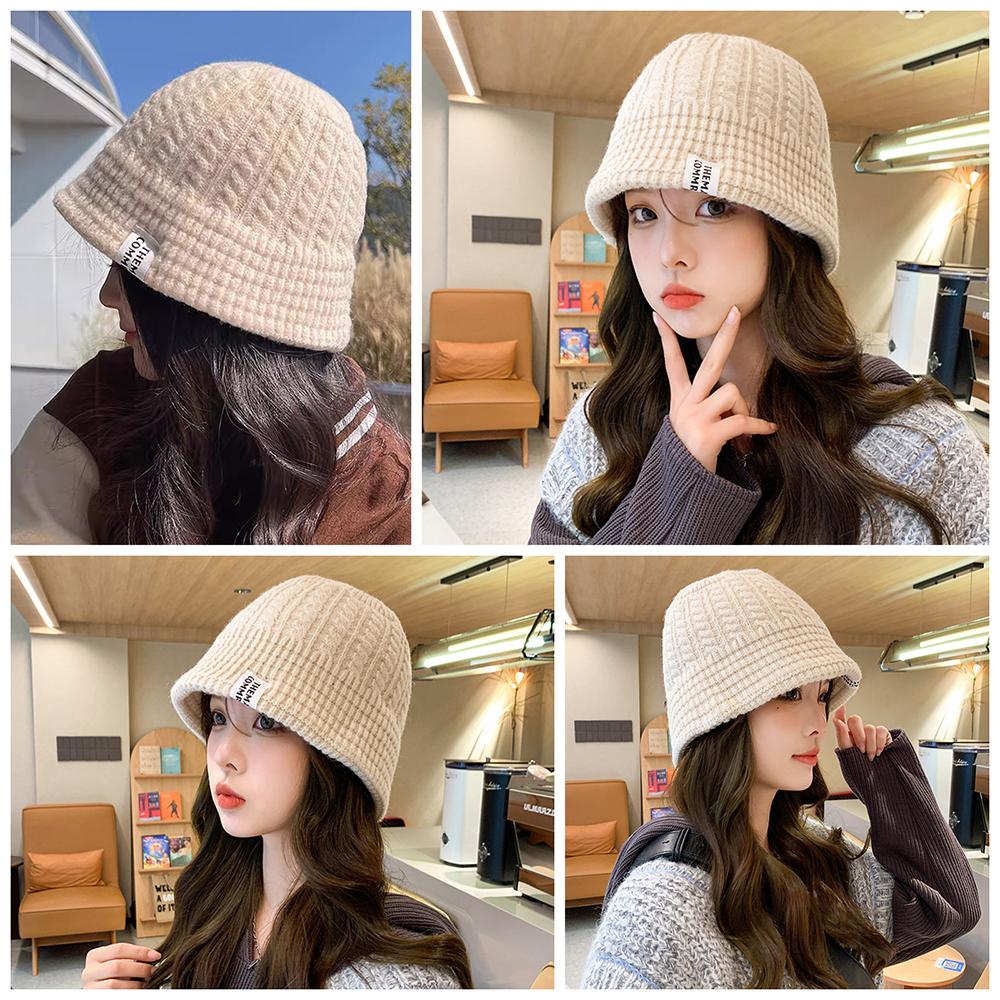 Ladies Cable Knit Bucket Hat, Sweet Versatile Knit Basin Hat, Winter Ear Protection Warm Hat, Fashion Label Decor Fisherman Cap