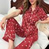 Ayollar Satinli Bosma Yurak Shaklidagi Pijama To'plami Yozgi Qisqa Yengli Top Uzun Shimlar Kundalik va Qulay Ikki Qismli Uy Kostyumi To'plami