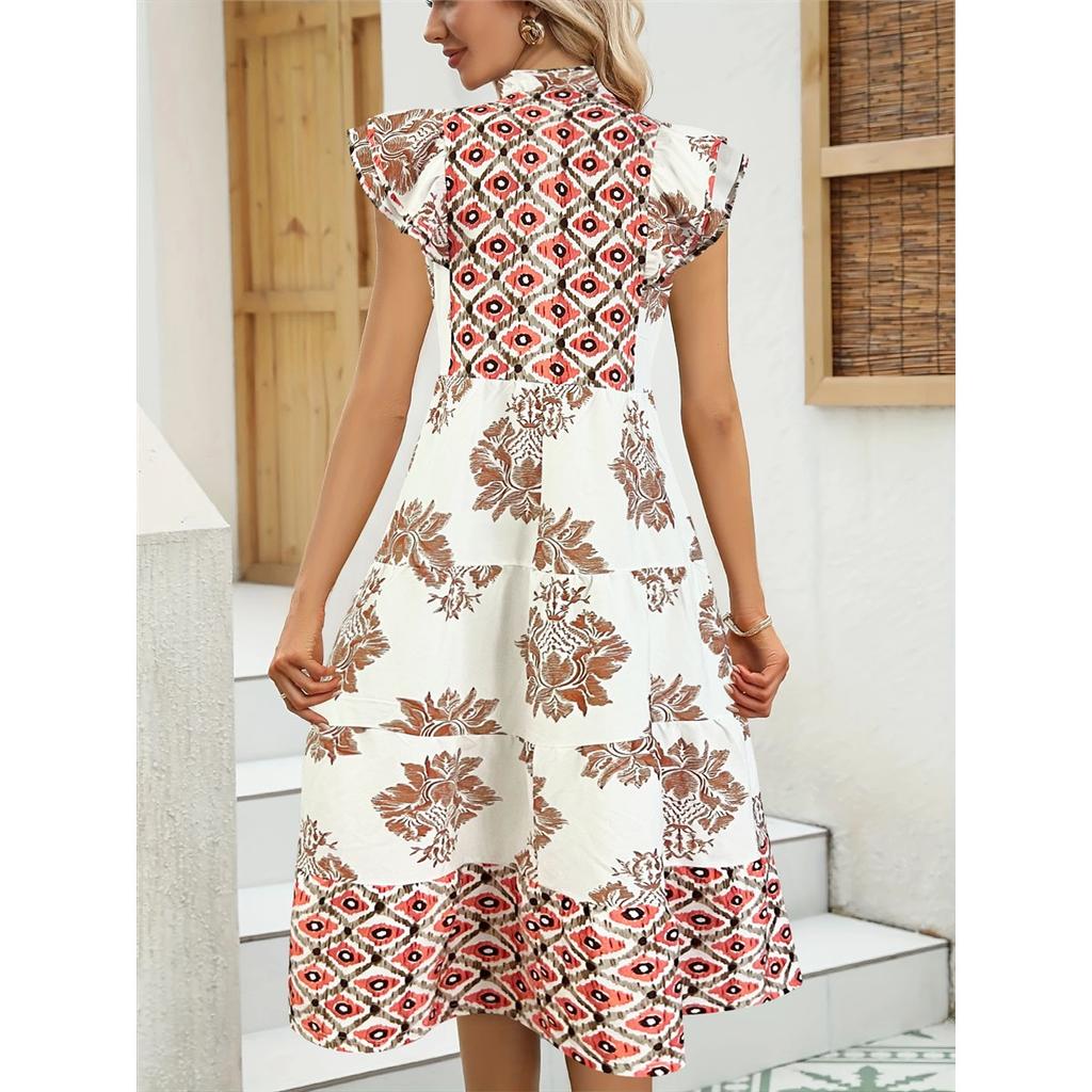 Women's Summer Flying Sleeves V-neck Dress Floral Print Stand Collar Midi Dress