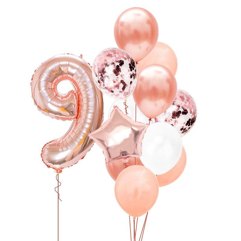 12 шт., номер из фольги, розовое золото, латексные шары, украшение для дня рождения, для детей, для маленьких девочек, 1st, 1, 2, 3, 4, 5, 6, 7, 8, 9, один год