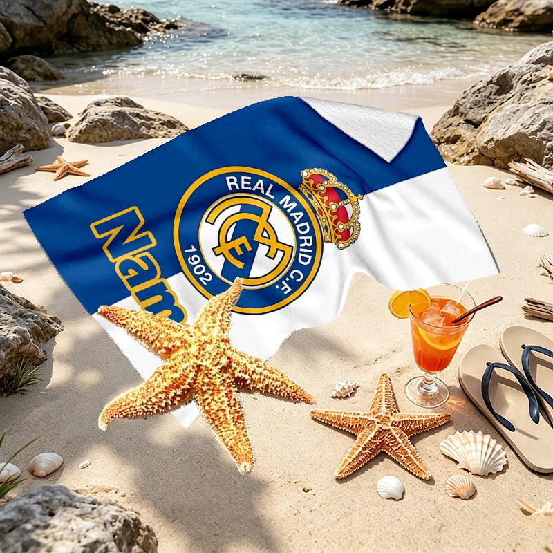 Custom Name Personalized Real Madrid Print Beach Towel, for Trip Camping Beach Party Home Decor, Birthday Gift for Family & Friends