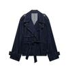 Kaslead New Women clothes Western Style Fashion Short Wide Design Sense Denim Long sleeve Trench coat