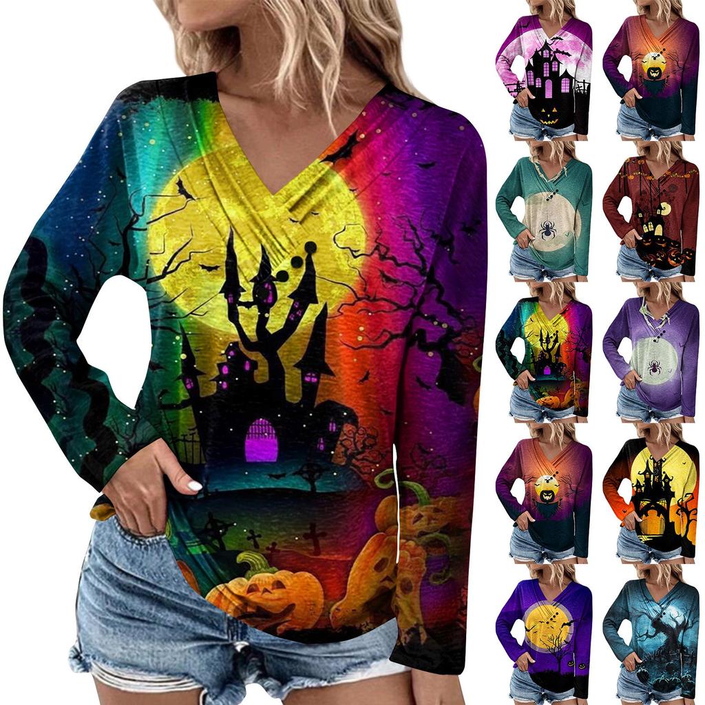 Long Sleeve Blouses For Women Casual V Neck Button Down Shirt Halloween Print Blouse Tops Loose Fit Fall Shirt Top