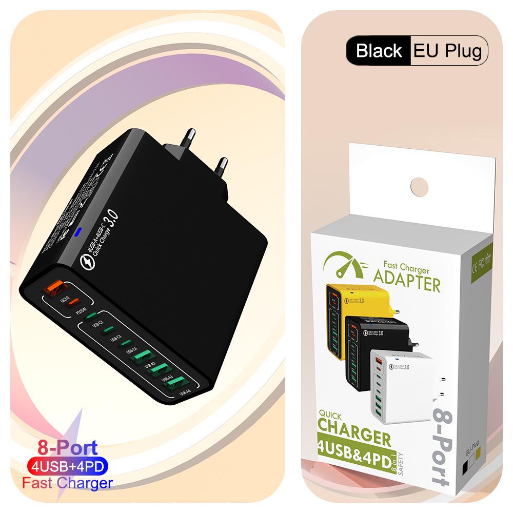 Быстрое зарядное устройство PD 55 Вт на 8 портов: 4 USB, 4 PD, QC3.0, Стандарт EU/US/KR