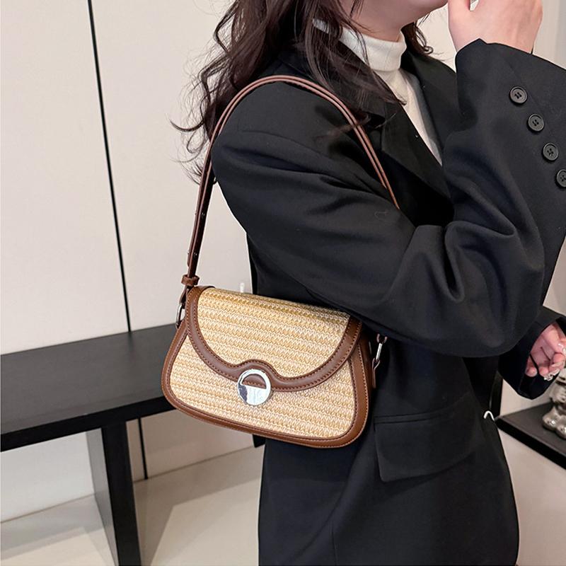 Summer Straw Bag Women's New Trendy Woven Saddle Bag Simple Style Versatile Shoulder Crossbody Beach Bag KTB
