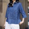 Womens Turn Down Collar 3/4 Sleeve Loose Casual Embroidery Blouse