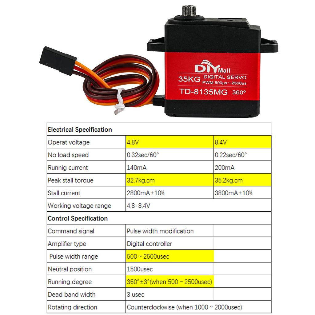 DIYmall 2-Pack TD-8135MG 35KG 360 Degree Servo, Full Metal Gear, High Voltage Continuous Rotation, Digital Servo for RC Car, Robot, Airplane