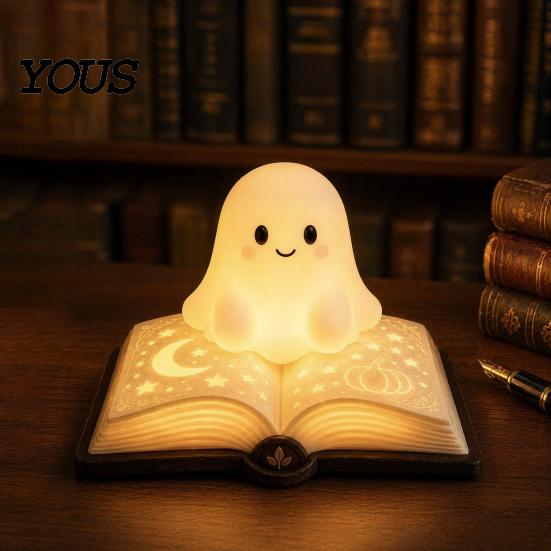Фигурка призрака Настольная лампа Магическая книга Ночник, Смола Настольный теплый свет с Луной Милый свет Звездный рельеф, Прикроватный для сна для детей