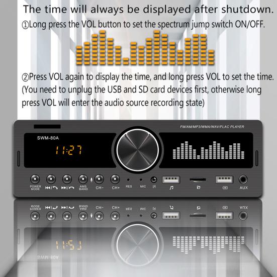 Swm-80A Handsfree Dual Usb Автомобильный Mp3-плеер Мощный FM-радио Bluetooth-совместимый Aux Tf Card U Disk