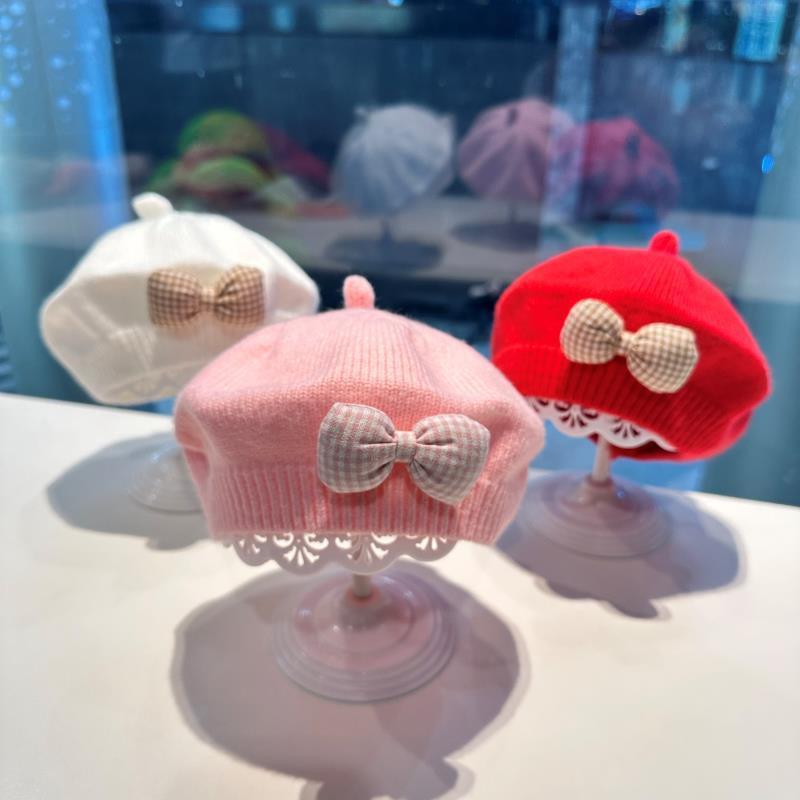 Fashion Cute Baby Hat Solid Color Bow Warm Beret Hat For Girls Vintage Princess Beret Hat Children Autumn Winter Cap Gifts