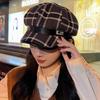 Женский зимний клетчатый шерстяной восьмиугольный берет