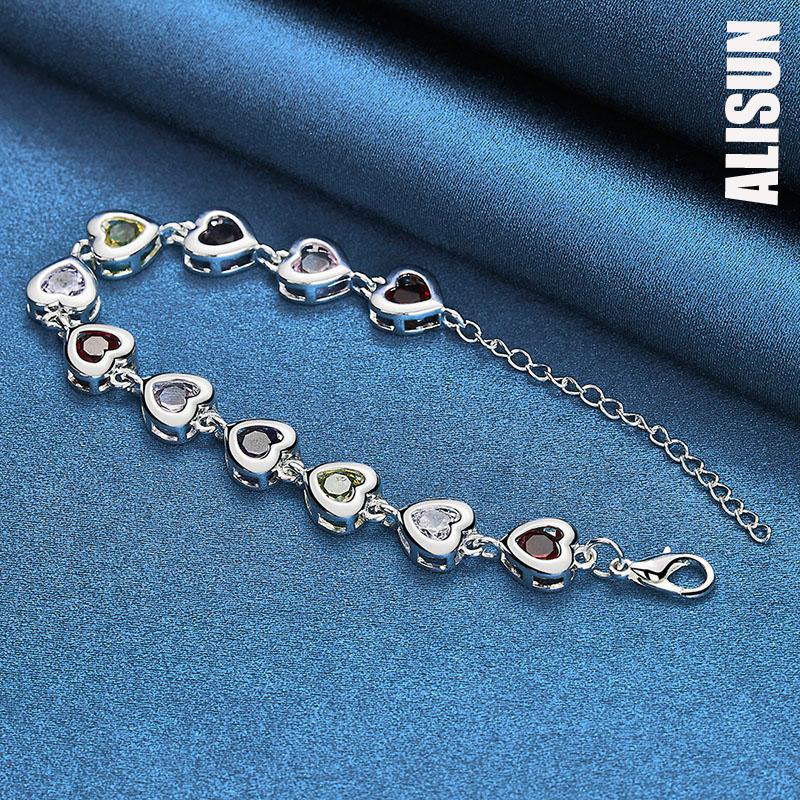 925 Sterling Silver Heart-shaped Inlaid Multi-color AAA Zircon Bracelet Fashionable Wedding Jewelry