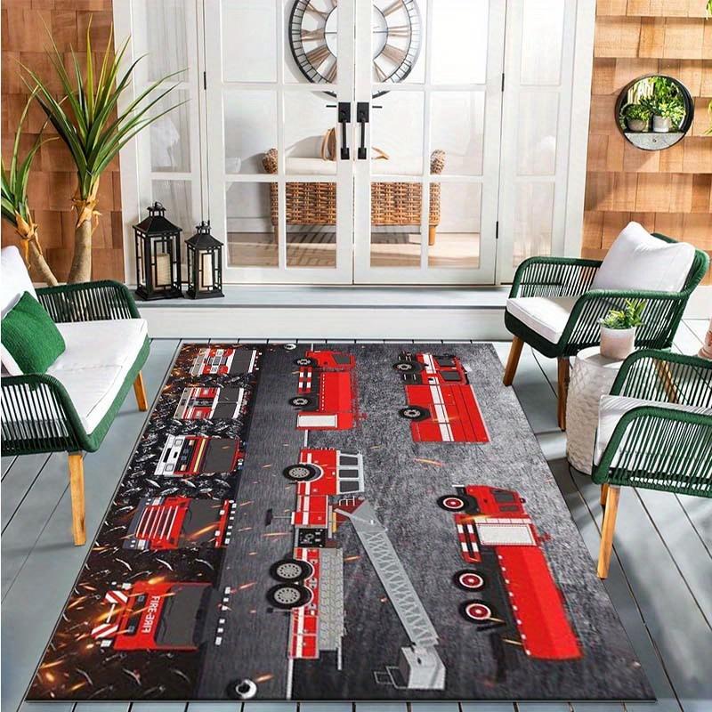 Fire Truck Themed Polyester Carpet Chair Mat,Crystal Velvet Soft Living Room Rug,Washable Outdoor Patio Kitchen Bedroom Floor Mat