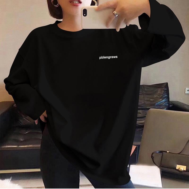 Девичья хлопковая футболка свободного кроя с длинным рукавом - Черная, Модный весенне-осенний топ, Универсальный студенческий стиль.