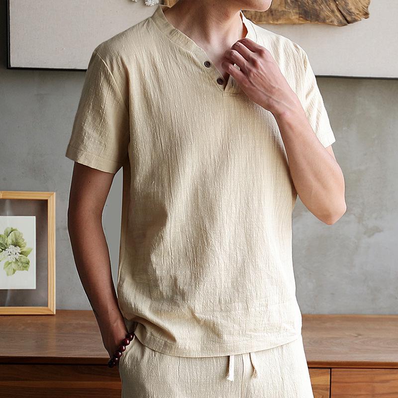 Мужская летняя футболка из льна и шелка Ice Silk с V-образным вырезом - короткий рукав, однотонный повседневный топ в китайском стиле Hanfu