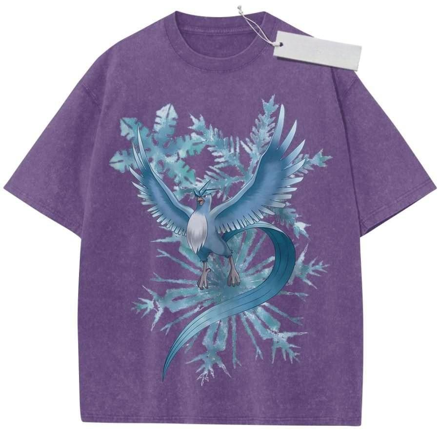 Summer Mens Black Washed T Shirt Pokemon Articuno Snowflake Ice Blue High Quality Fabric for Casual Shopping