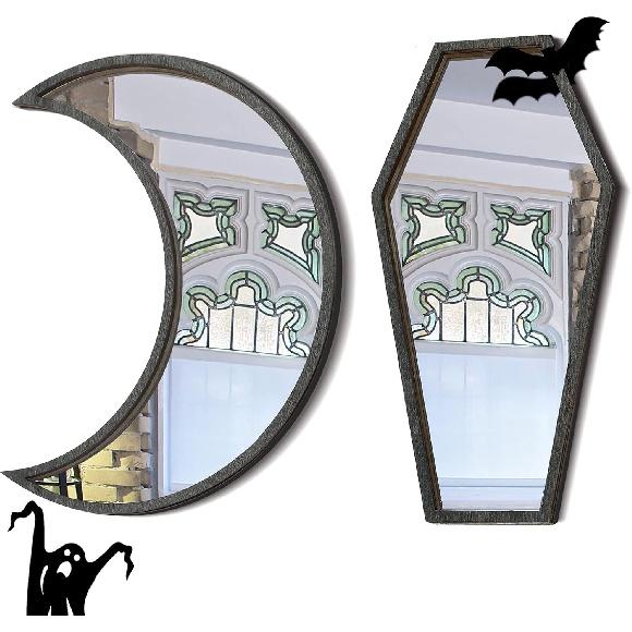 Marsui 2 Pieces Tiny Coffin Moon Mirror Cute Goth Room Decor Spooky Gothic Decorative Mirror Rustic Black Wall Decor Wall-Mounted for Halloween