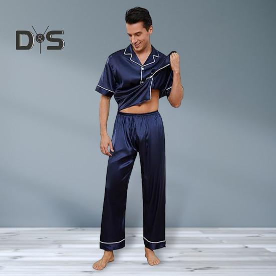 2 шт./компл. шелковый атласный мужской пижамный комплект с воротником-стойкой на пуговицах, верх пижамы с нагрудным карманом, эластичный пояс, комплект одежды для сна