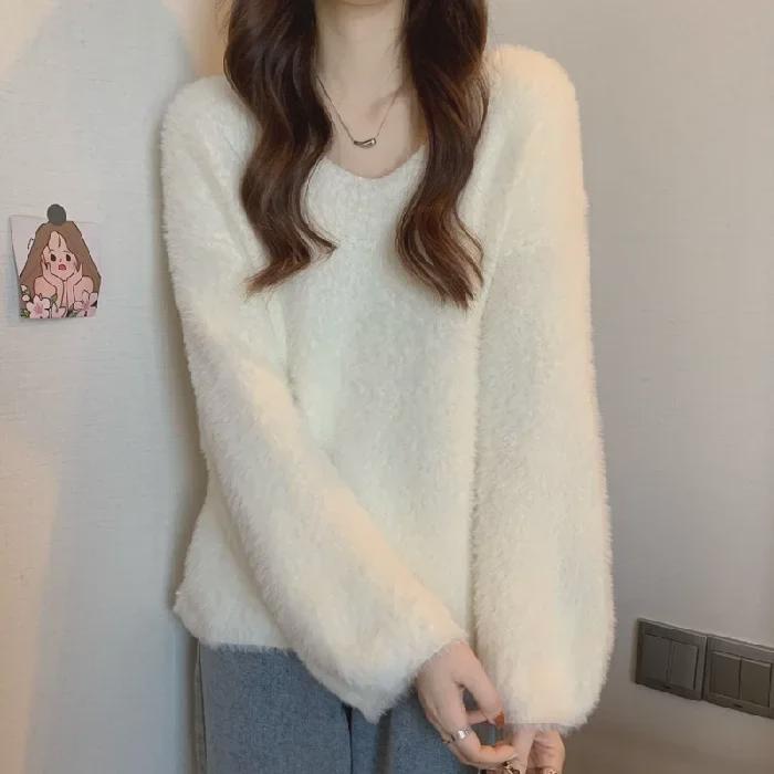 Women's Winter V-Neck Soft Knit Sweater - Gentle Style, Loose Mink Fur