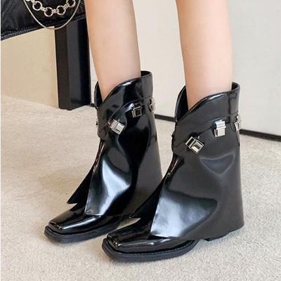 Модные модные ботинки женские 2024 года с квадратным носком и замком-трубой, сапоги-рыцари из лакированной кожи с замком-трубой
