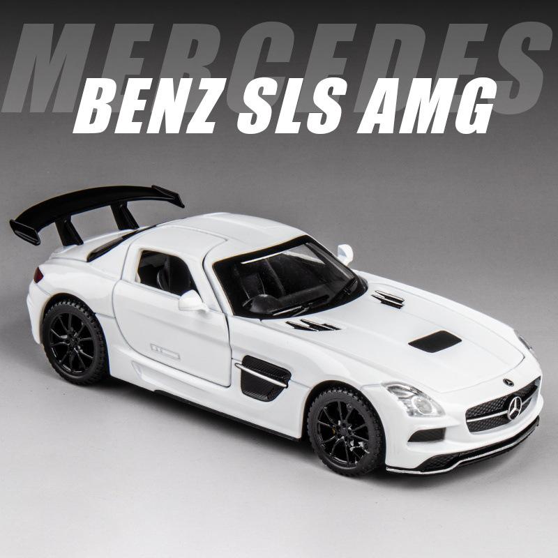 1:32-масштабная модель автомобиля Benz SLS AMG, литая под давлением цинкового сплава, игрушечная машинка с откидной спинкой, звуком и светом для детей, мальчиков и девочек
