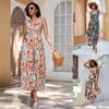 Ladies Summer Vintage Printed V Neck Spaghetti Strap Sleeveless Casual Midi Dress