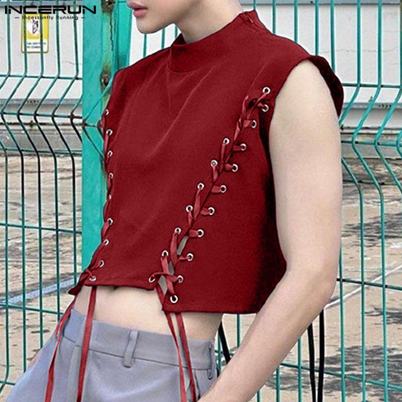 INCERUN Summer Men Sleeveless Bandage Lace-up Party Short Tank Tops