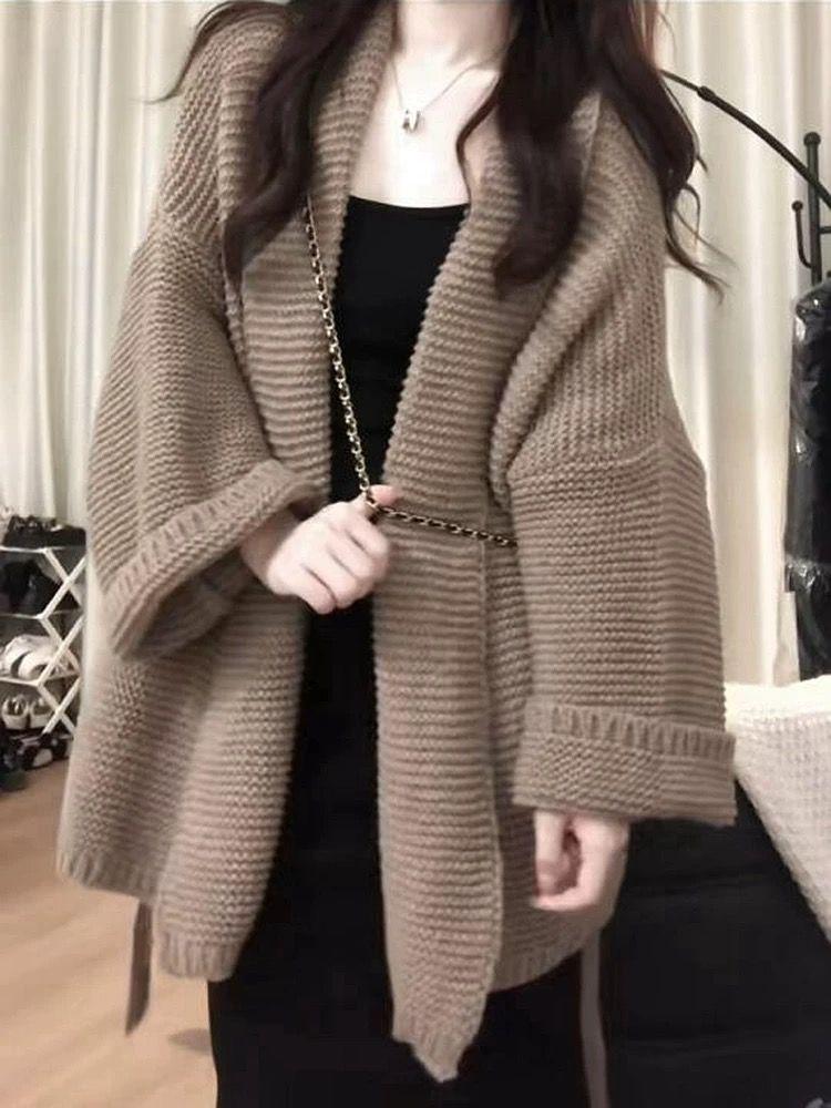 French Style Loose-Fit Medium-Length Knitted Cardigan Women's Soft Supple Sweater Jacket Sensible Design For Autumn Winter