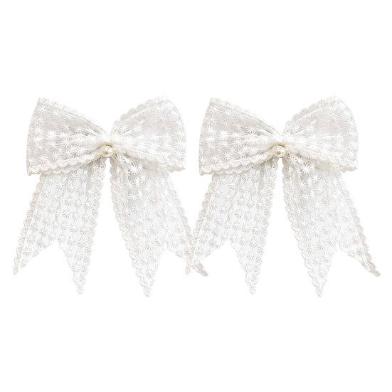 2Pcs Lace Bowknot Curtain Tiebacks, Bow Curtain Holdbacks with Pearls, Decorative Curtain Ties for Home Office Living Room Bedroom Wedding Party Decor