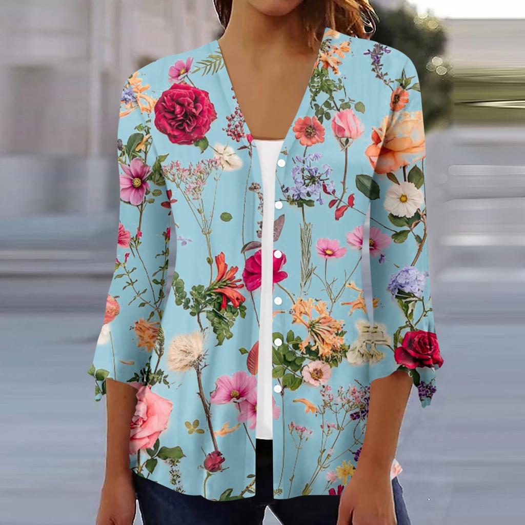 Женский свободный повседневный кардиган с расклешенными рукавами и пуговицами с рукавом три четверти с принтом Caot