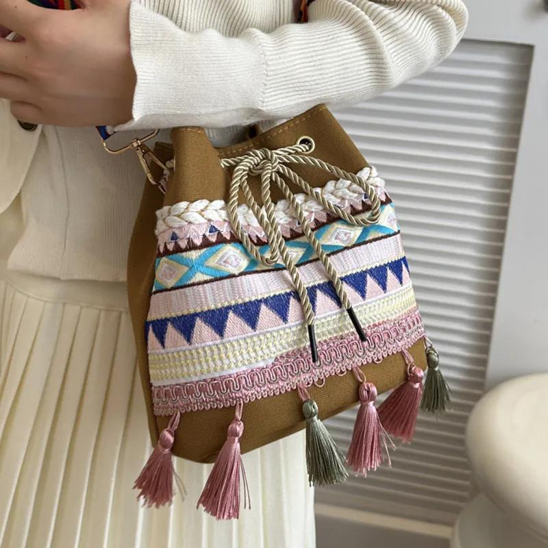 WTEMPO Женские сумки через плечо с кисточками Сумки Singer через плечо в этническом стиле Повседневные универсальные сумки из конопли с широким ремешком