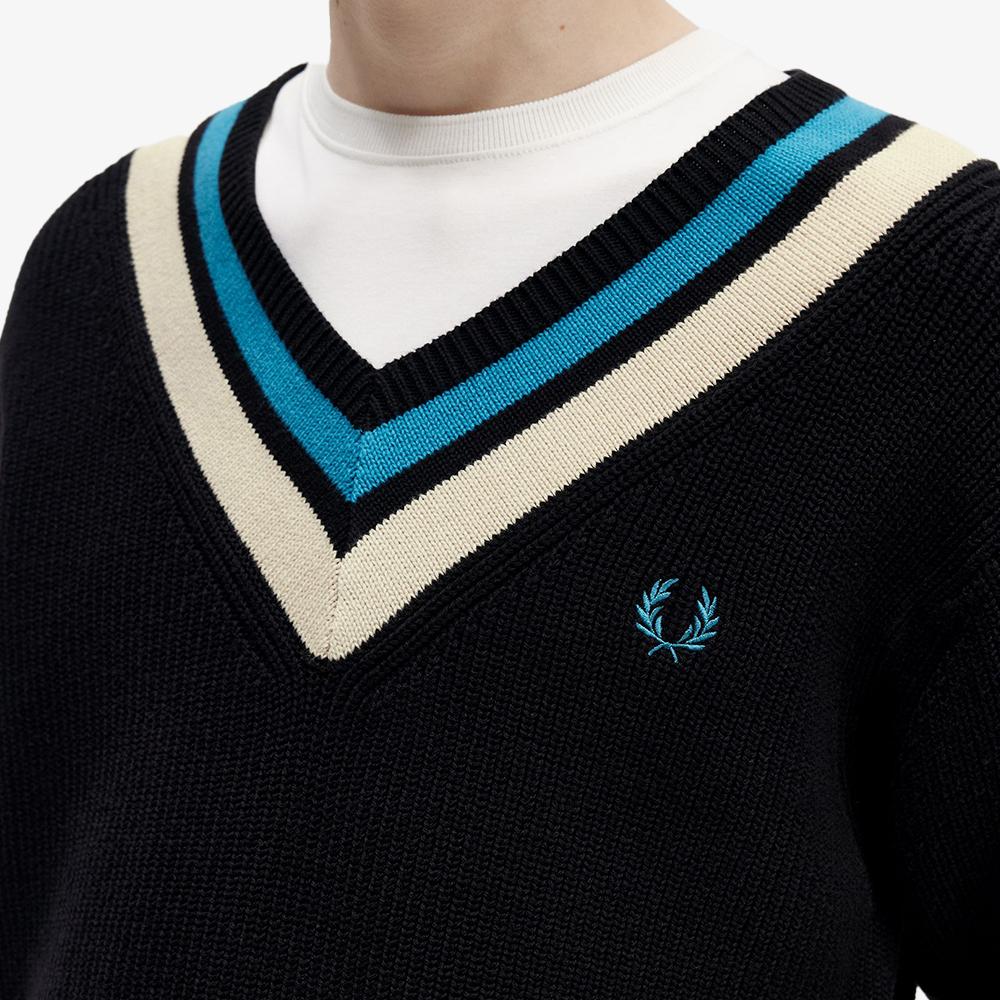Fred Perry [Острая] полосатая отделка V-образный вырез вязаный свитер (102) Afpm2336523-102