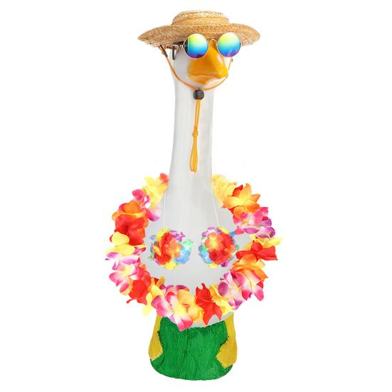 Летние наряды для крыльца гуся, гавайская соломенная шляпа леи, солнцезащитные очки, праздничный костюм для отпуска, пластиковая статуэтка гуся 23"/17", украшение для лужайки и патио