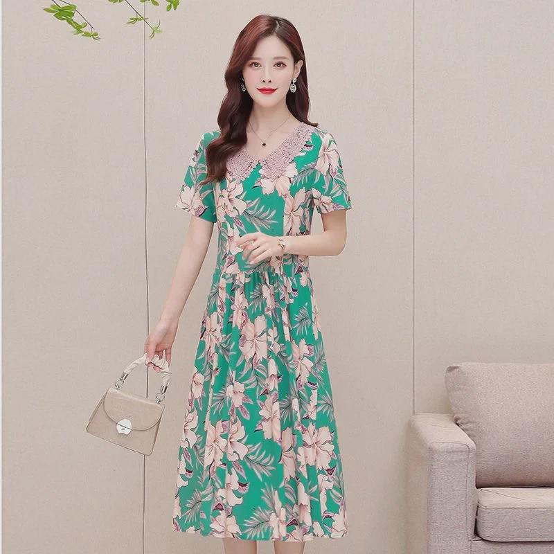 Женское летнее платье с короткими рукавами и цветочным принтом больших размеров 2025 года - модная юбка средней длины