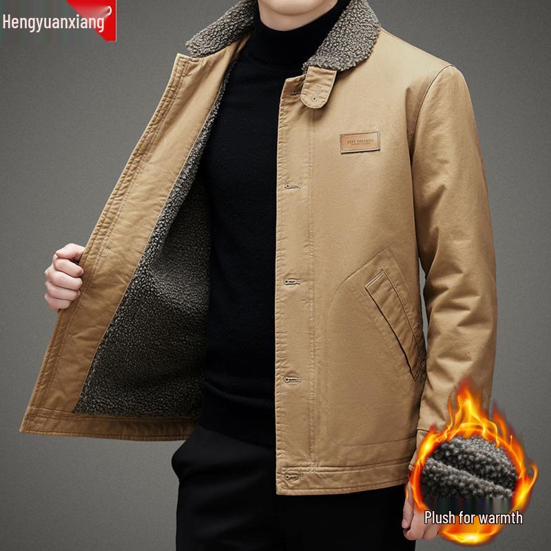 Мужская куртка из овечьей шерсти с флисовой подкладкой: Плотная верхняя одежда с хлопковой подкладкой для осени/зимы