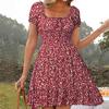 Women's Short Sleeve Summer Dress Square Neck Boho Floral Smocked Swing Dress A-Line Flowy Ruffle Beach Sundress