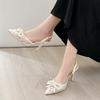 Summer Women Pumps Pearl Bow Pointed Toe Lace Stiletto Heeled Sandals Banquet Party Ankle Buckle Ladies Shoes