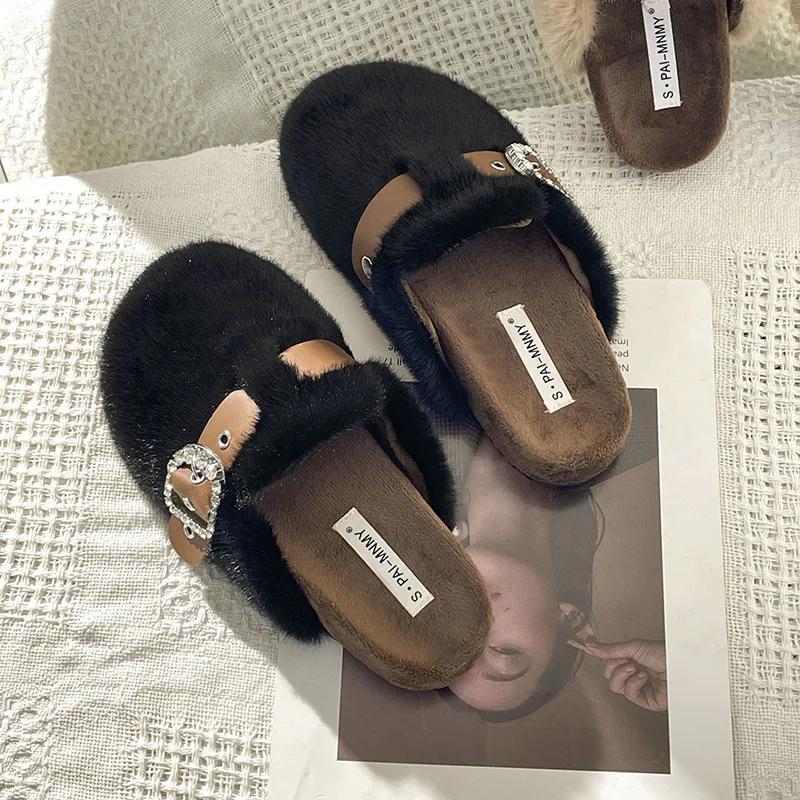 Fashion New 2024 Winter Warm Plush Slippers for Women Closed Toe Faux Fur Cotton Shoes Woman Fashion Buckle Lightweight Flat Mules Shoes