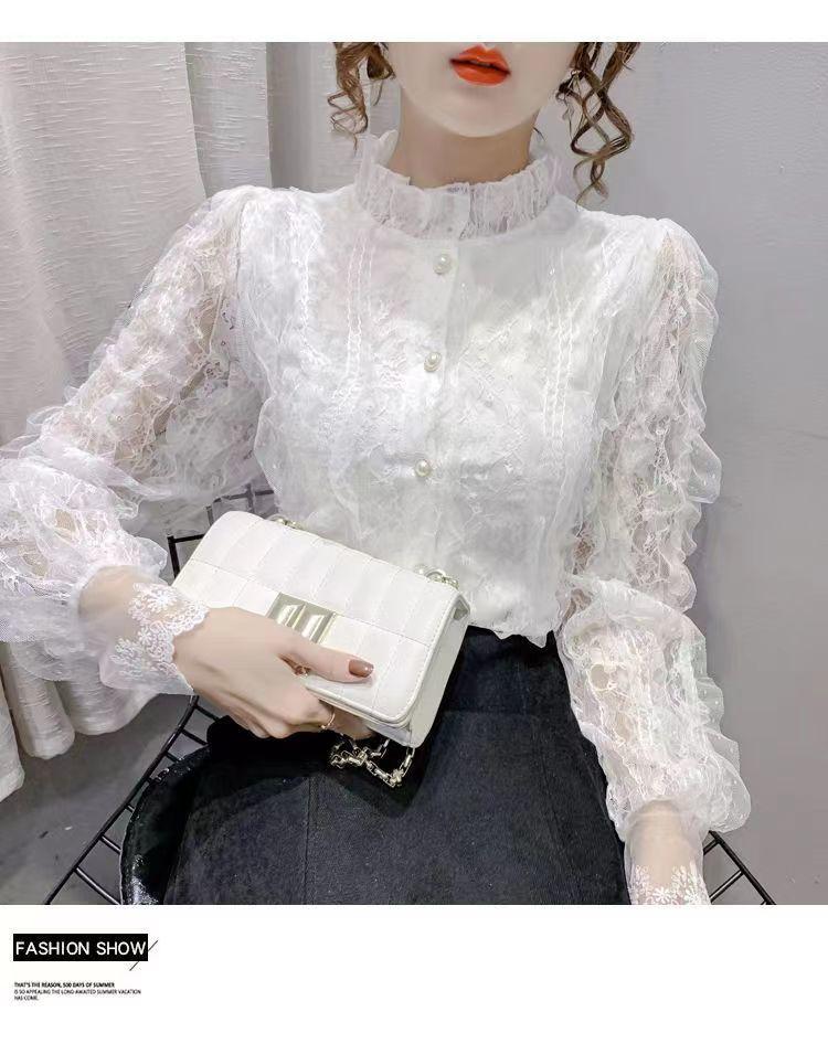 Модная винтажная блузка с рюшами, женская элегантная кружевная рубашка с длинным рукавом, свободные шифоновые рубашки с воротником-стойкой, плиссированные топы Blusas