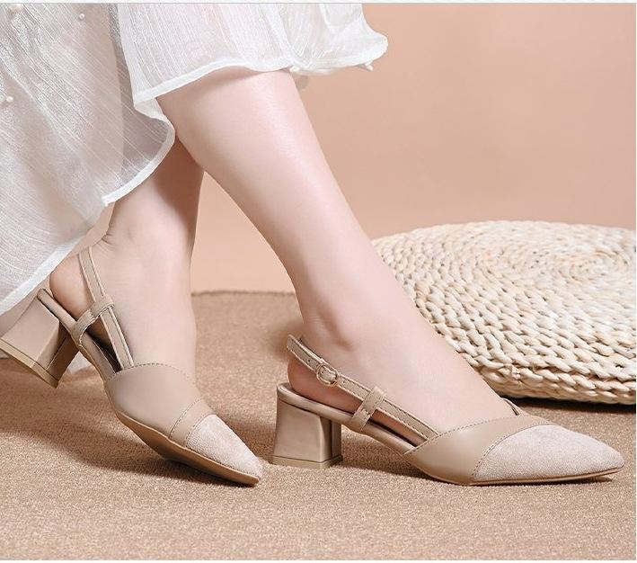 Xiaoxiangfeng Bag Head Thick Heel Single Shoes Female Pointed Head Spring 2025 New Rear Empty High Heels Fairy Versatile Sandals
